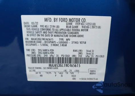 2022 Ford Ecosport Se z USA, uszkodzony, nr VIN MAJ6S3GL1NC465615